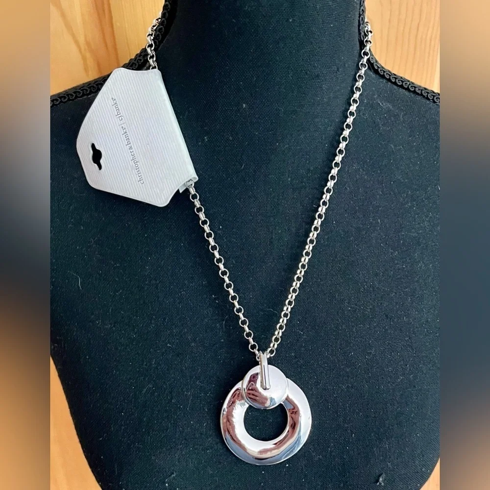Christopher & Banks Silver Donut Circle Geometric Statement Pendant Necklace 20”